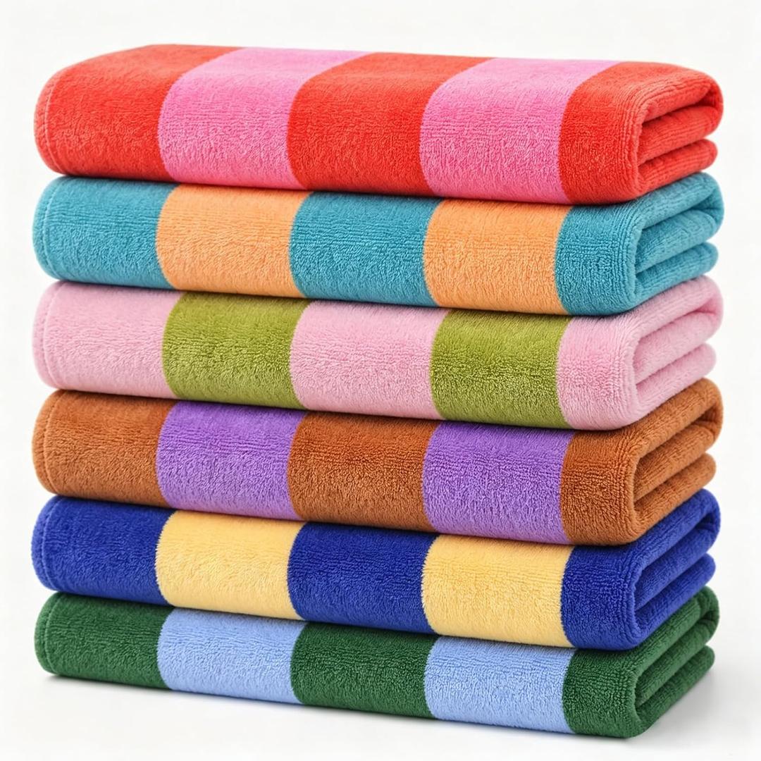 FYSUIMU 6Pcs Multicolored Stripe Oversized Beach Towels Absorbent Bath Pool Towels Turkish Style Towel for Summer Travel Swimming Bathroom Shower Supplies, 74 x 38 Inch