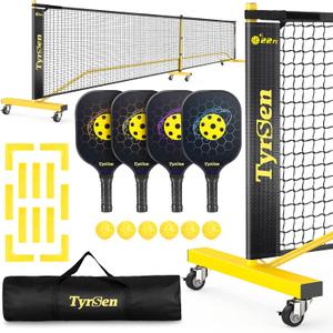 Pickleball Net Set, Pickleball Net on Wheels for Driveway Backyard, 22FT Regular Size, 4 Pickleball Paddles & 6 Balls, 12 Court Markers, 1 Carry Bag, Pickleball Set for Indoor Outdoor Play