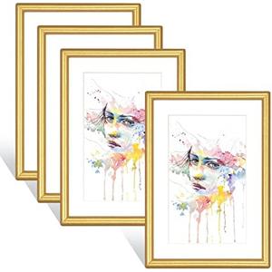 Fkvat 4x6 Picture Frames Set of 4, Gold Matte Thin Modern Metal, for Horizontal & Vertical Wall Hanging and Tabletop, Aluminum Floating Photo Frame, Display 3x5 with Mat or 4x6 without Mat (4 Pack)