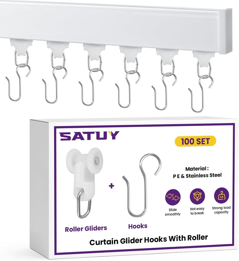 200Pcs Curtain Glider Track Hooks, 100 Pieces Hooks and 100 Pieces Roller Gliders, Heavy Duty Mute Wheel Curtain Glider Hooks for Universal Ceiling Drapes Shower Curtains Window Treatments