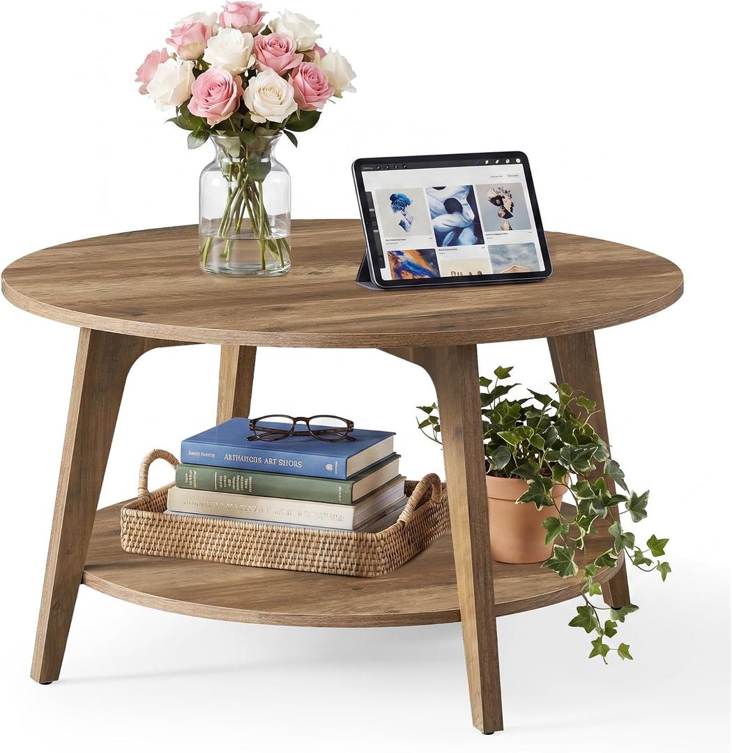 SONGMICS HOME Round Coffee Table, 2 Tier Living Room Center Table, Mid Century Modern Charm, Brown, 31.7"D x 31.7"W x 17.9"H