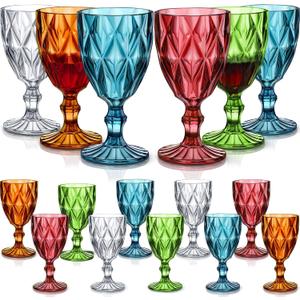 Zhehao 16 Pcs Acrylic Vintage Wine Glasses 12 oz Embossed Pattern Colored Wine Glasses Shatterproof Reusable Drinkware Set Champagne Plastic Goblets Clear Drinking Cups for Wedding Party Bar 5 Colors