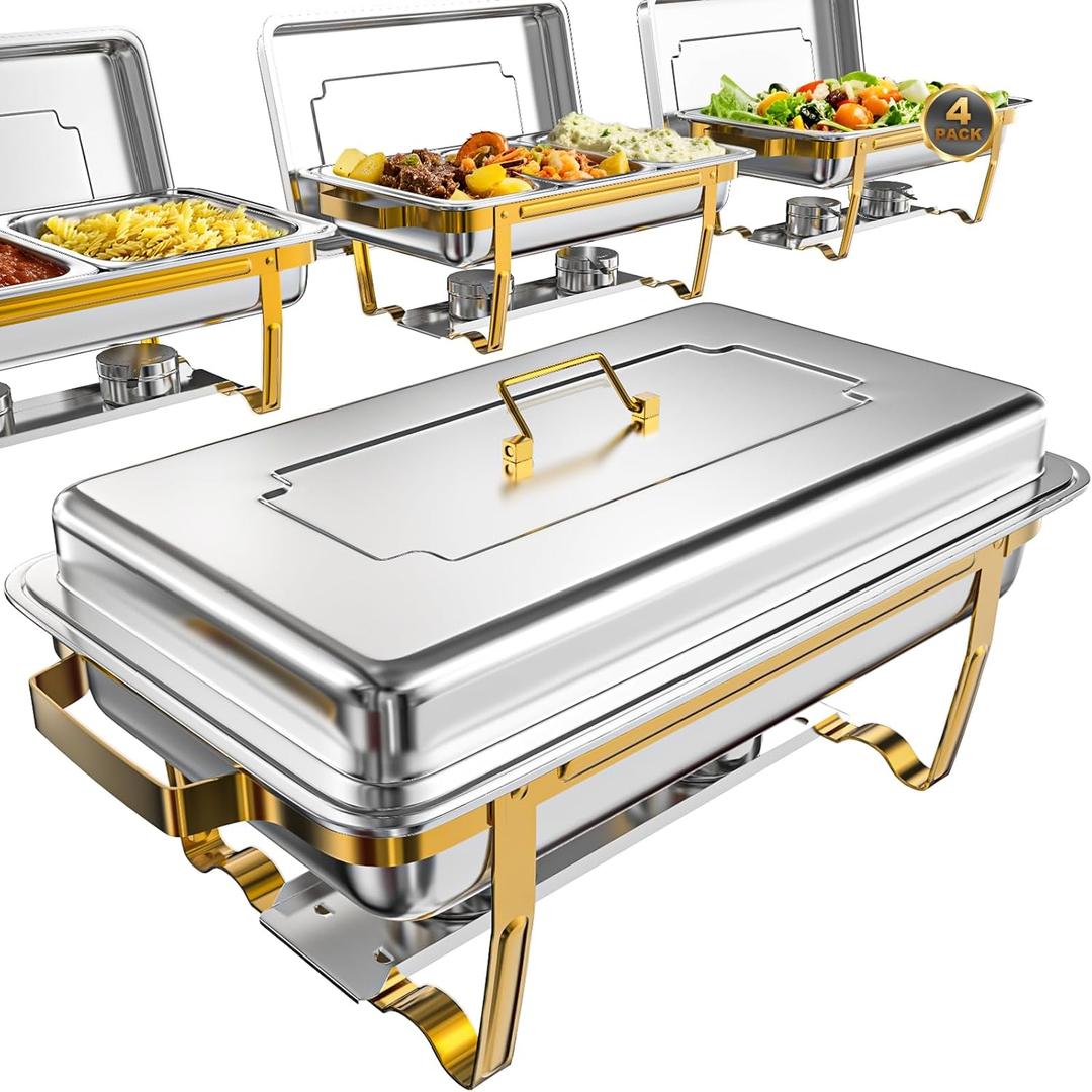 9Qt 4 Pack [Multiple Food Pans] Chafing Dishes for Buffet | Chafing Dish with 80% Faster [Screwless Assembly] and Stackable Design [Easy to Store] for Wedding/Party (Gold)