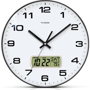 TIMESS Wall Clock, 10" Dial Non-Ticking Silent Battery Operated Analog with LCD Display for Perpetual Calendar and F Temperature, Ideal Modern Home, Bedroom, Kitchen, Office Decor (Black)