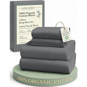 LANE LINEN 100% Organic Cotton Sheets King Size Machine Washable Fully Elasticized Soft & Comfy Mercerized Sustainably Produced All Season Eco Friendly Cotton Sheets sábanas King- Charcoal