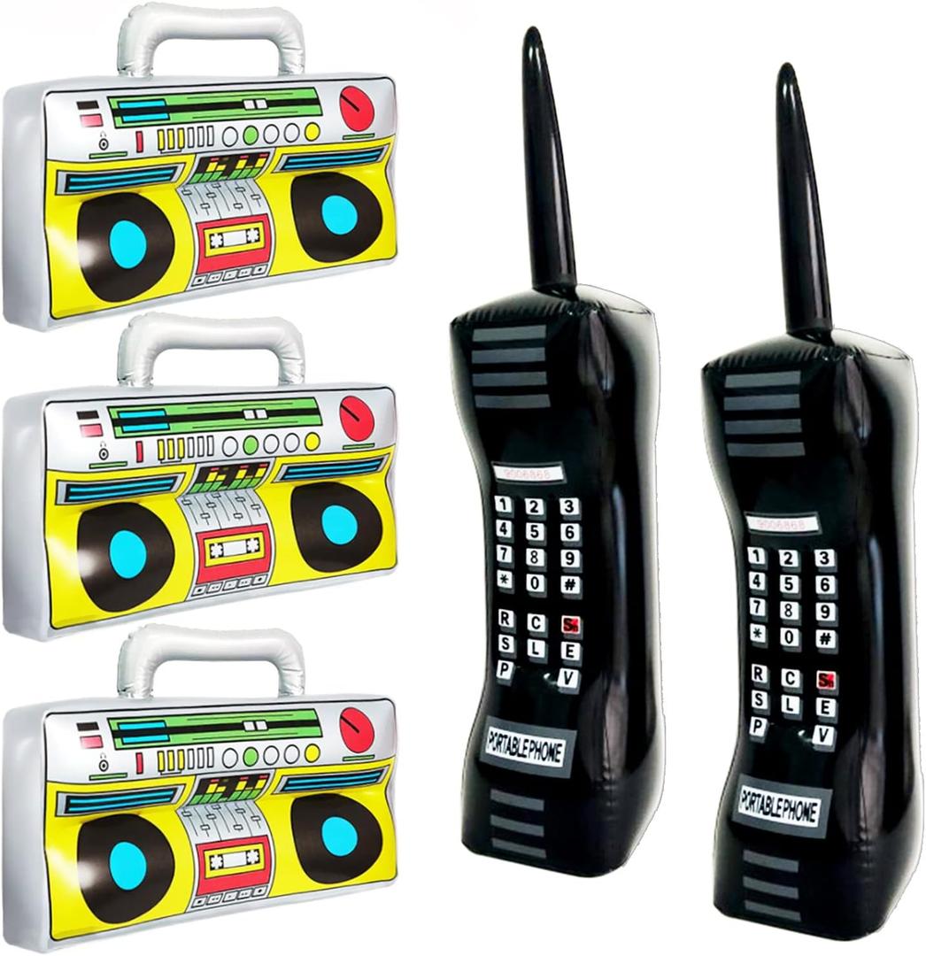5 Pieces Inflatable Radio Boombox Inflatable Mobile Phone,Retro Mobile Phone for 80's 90's Party Decorations,Hip Hop Costume,Birthday Theme Party Photo