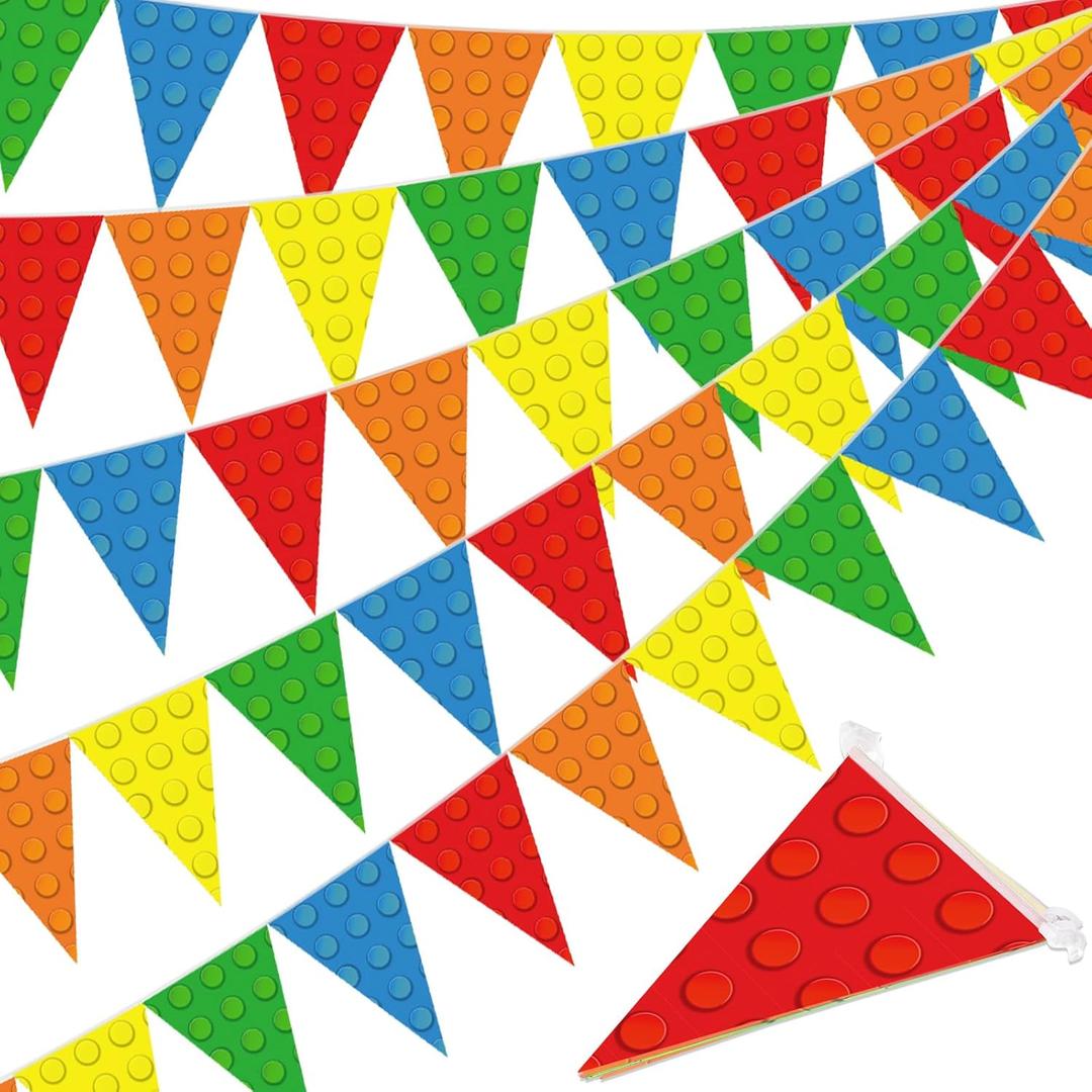 Tiamon 5 Pcs Building Block Birthday Party Decorations Colorful Blocks Bricks Triangle 49.2 Ft Flag Red Blue Yellow Pennant Banner Garland Streamer for Birthday Baby Shower Brick Themed Party Supply