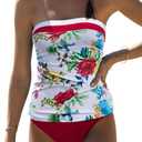 Beachsissi Bandeau Swimsuits for Women Strapless Swimwear Bathing Suits Tummy Control Color Block Tankini Sets (X-Large, White)