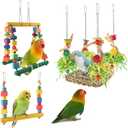 Bird Hammock Toys Parakeet Perches Swing, 3in1 Detachable Parrot Cage Accessories, Wooden Hanging Chew Toys for Medium Conure Cockatiel Quaker Lory