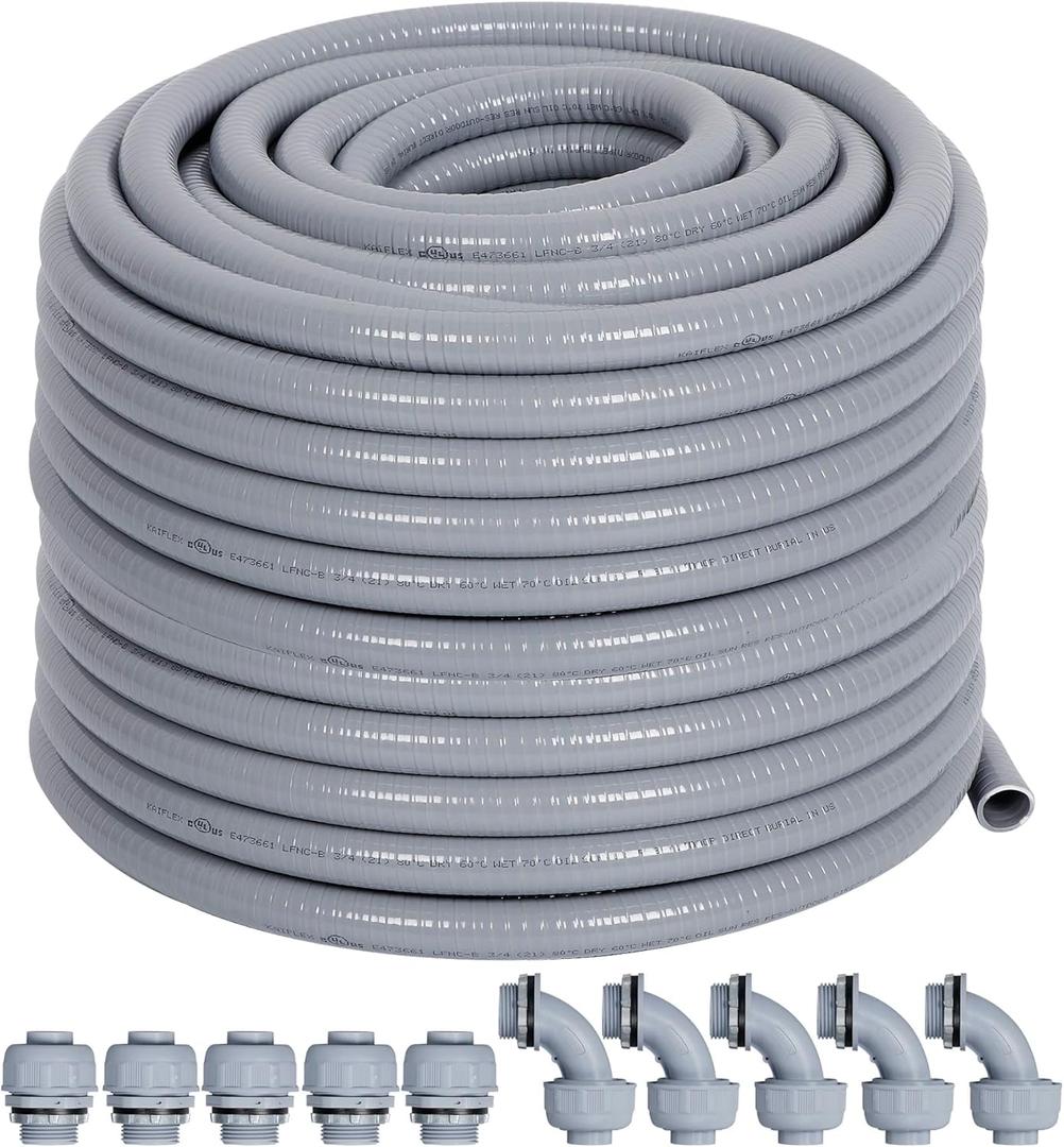Liquid-Tight Conduit 100 ft and 10 Pieces of Connector Kit, Electrical Conduit 3/4 100ft w/UL Certification, Flexible Conduit with 5 Straight and 5 90-Degree Conduit Connector Fittings