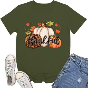 Thanksgiving Shirts for Women Thankful T-Shirt Fall Tee Tops (Green, XL)