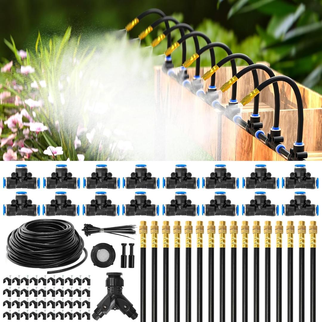 MIXC 100Ft 1/4" Drip Irrigation System,2026-Upgrade Garden Irrigation Kit with 16pcs Adjustable Copper Nozzles,Atomizing Watering System for Outdoor Plants,Raised Bed,Yard,Potted Plant,Lawn, 100ft + 16pcs Nozzles and Connectors