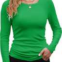 GEMBERA Womens Ribbed Long Sleeve Crewneck Casual Slim Basic Shirts Fitted Knit Tops (X-Large, Green)