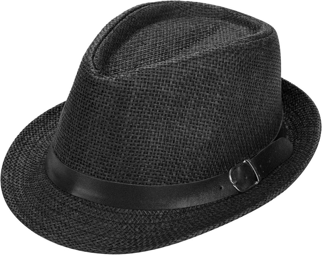 SIQITECHNO Straw Fedora Sun Hat Straw Cowboy Hat for Women Men Classic Short Brim Fedora Trilby Roll Up Panama Jazz Beach Cap (One Size, Black)