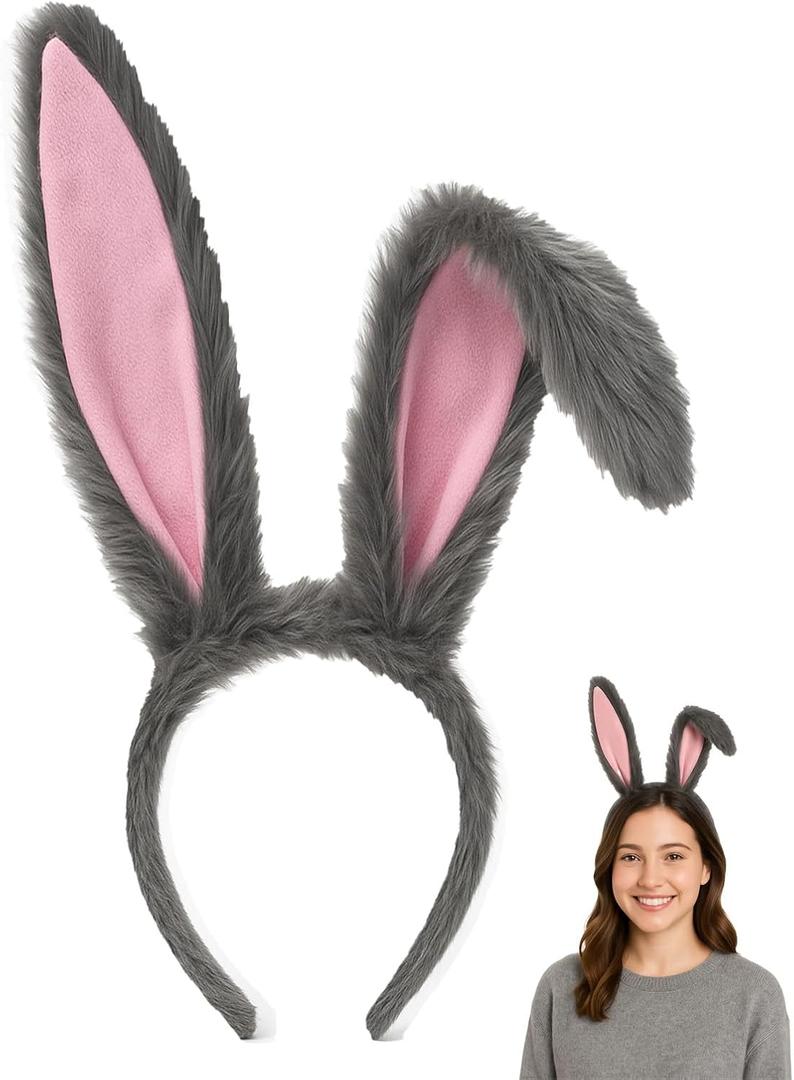 Gray Bunny Ears Headband Plush Rabbit Ears Costume Accessories for Kids, Girls, Women Cosplay Bunny Outfit, Halloween Dress Up, Easter Party Supplies