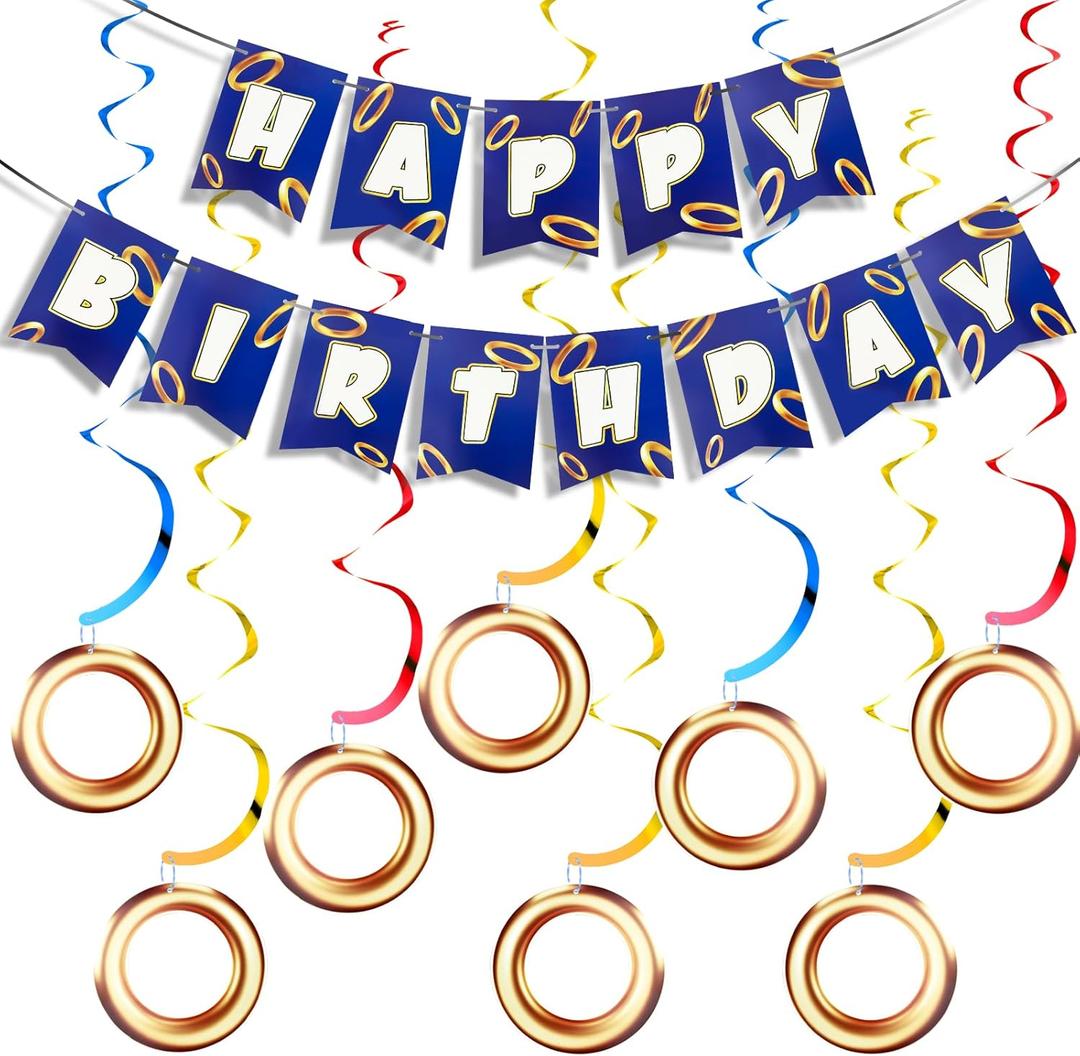 Cartoon Hedgehog Birthday Banner Gold Ring Birthday Party Banner for Cartoon Hedgehog Carnival Theme Birthday Decorations with 8 Pcs Gold Ring Hanging Swirl Decorations (Green)