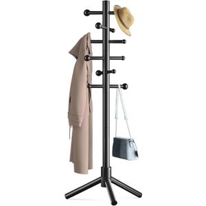 Wooden Coat Rack Freestanding with 12 Hooks 3 Adjustable HeightsStanding Coat Rack Tree for Hat and Coat Rack for Small Spaces Entryway,Office,Bedroom,Black