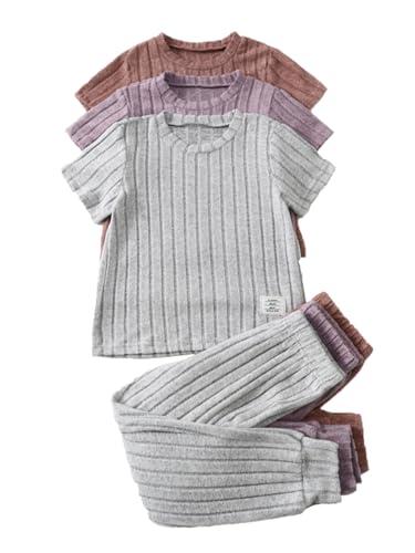 Jolyshlid Girls 6 Pieces Knit Outfits Short Sleeve Tee Tops and Pants Clothing Set (Purple, Grey, 7-8Y)