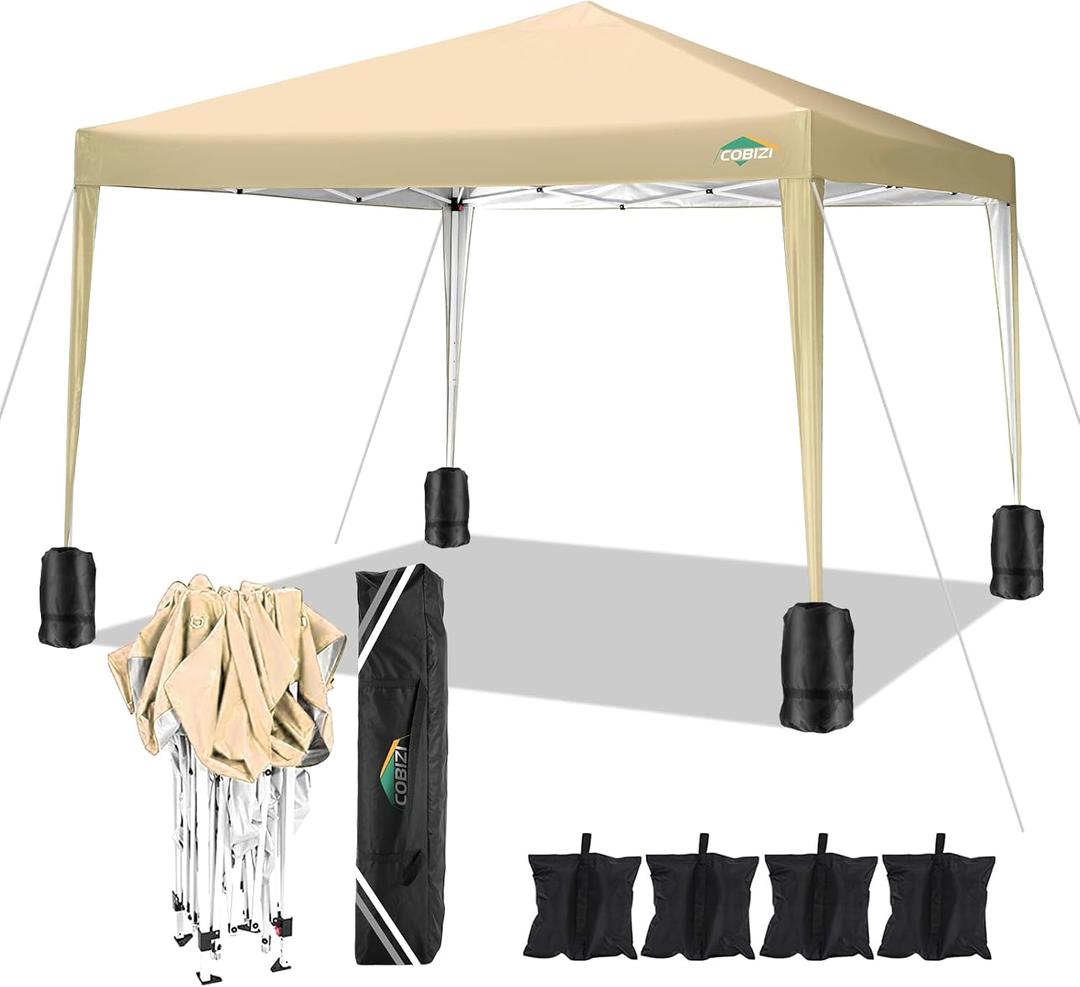 COBIZI 10x10 Pop Up Canopy Tent Without Sidewall, UPF 50+ Waterproof Outdoor Canopy, Instant Tent Portable Canopies Gazebo for Commercial Sun Shade Party Backyard with 4 Sandbags(Khaki)