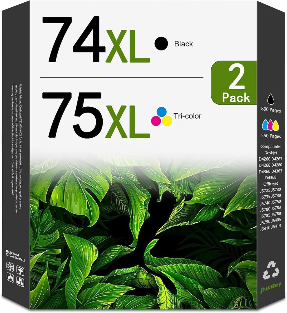 74XL 75XL Ink Cartridges Combo Pack Replacement for HP 74 75 Ink Cartridges for DeskJet D4260 Photosmart C4280 C4300 C4400 C4500 OfficeJet J5788 J6480 Printer (2-Pack, 1Black/1Tri-Color)
