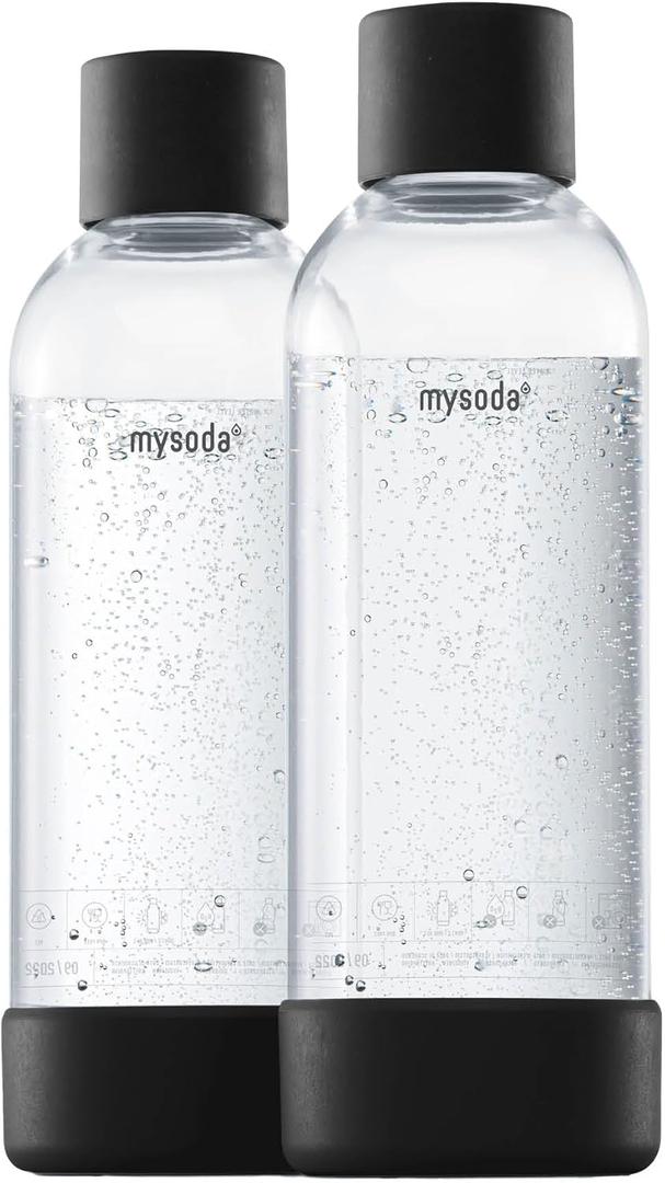 Carbonating Bottles 2Pck 1L - Compatible with MySoda and any brands - Lid and Base Made of Wood Composite - Quick-Lock Reusable Bottles - BPA Free - Black