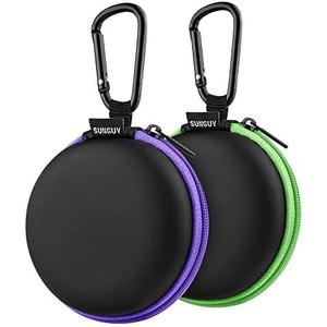 SUNGUY [2-Pack Earbuds Cases, Small Round Pocket Earbud Travel Carrying Case Pouch with Carabiners for Earbuds, Headsets, in-Ear Headphones, Hearing Aids, USB Cable and More (Green + Purple)