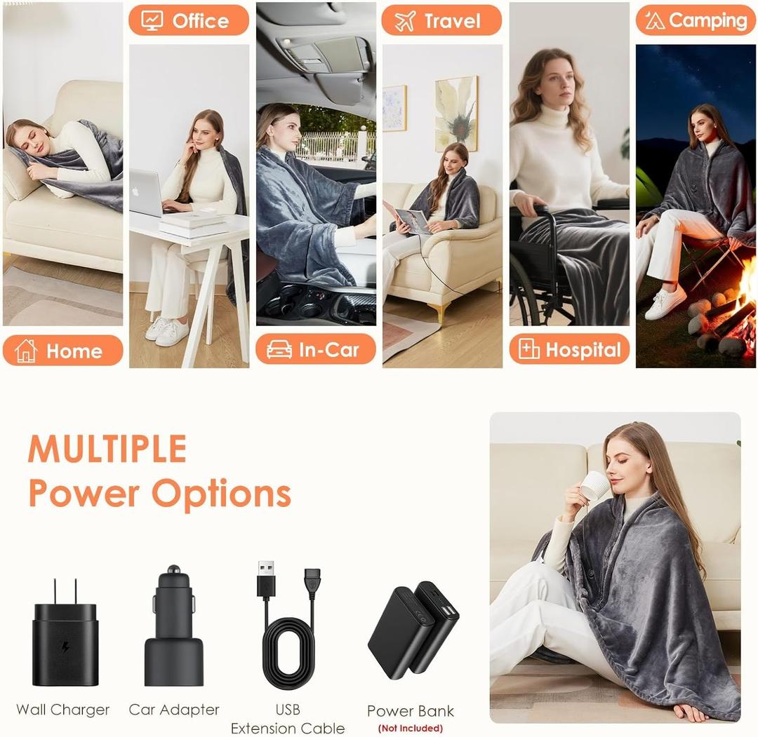 Portable Heated Blanket | with AC Adapter and Car Charger Electric Throw, 3 Heat Settings & Zippered Design,for Outdoor Office Home Car Travel (Battery Not Included)