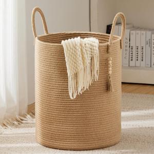 YOUDENOVA Jute Rope Laundry Hamper Basket, 58L Tall Woven Collapsible Baskets for Blanket Organizing Clothes Hamper for Laundry Bedroom Storage