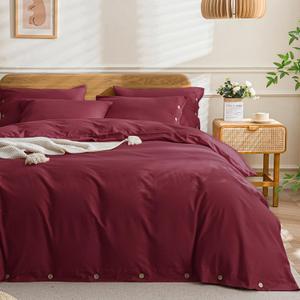 JELLYMONI Cotton Duvet Cover Cal King Size - Burgundy Comforter Cover with Button 100% Washed Cotton 3PCS Breathable Soft Solid Bedding Set Duvet Cover 10498in & 2 Pillowcases (NO Comforter)