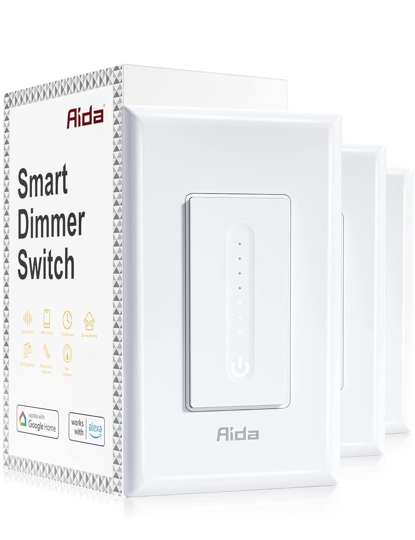 AIDA Smart Dimmer Light Switch, Single Pole Dimmer Switch Works with Alexa and Google Assistant, 2.4GHz WiFi Switch for LED, CFL, Incandescent Bulbs, Need Neutral Wire, No Hub Required, White, 3 Pack