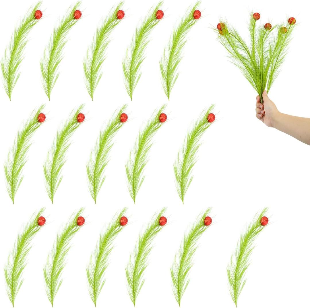 2 x 16pcs Christmas Tree Toppers, 14.96 in Plastic Green Pampas Grass Decor with Red Balls Elf Ornaments Stems Curly Tree Picks for Christmas Home Craft Decoration Supplies