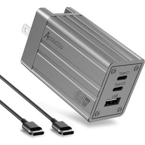 65W USB C Charger Block, GaN Fast Wall Charger,3-Port Type C Power Adapter with 6 Feet USB C Cable for iPad iPhone MacBook Air/Pro, Galaxy, Laptop,etc and More Series (Gray)