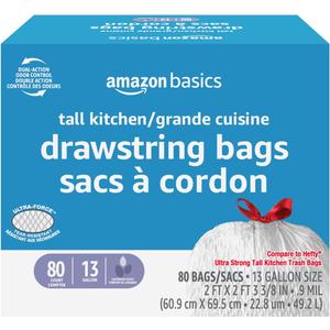 Amazon Basics Ultra-Force Tall Kitchen Drawstring Trash Bags, Lavender Scented, 13 Gallon, 80 Count, Pack of 1