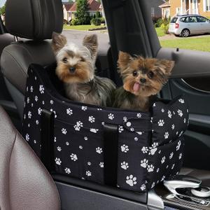 Cullaby Console Dog Car Seat with Safety Leash  Booster Seat for Small & Medium Dogs (up to 25 lbs), Pet Travel Safety Seat with Storage Pockets & Detachable Dog Seat Belt (Black Large Size )