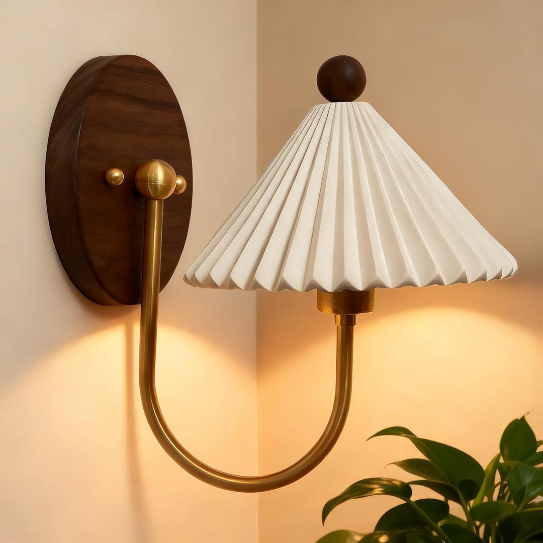Vintage Pleated White Ceramic Wall Sconce, Retro Walnut Wood Vanity Light with Aged Brass Finish, Elegant Wall Lamp for Bedroom, Living Room
