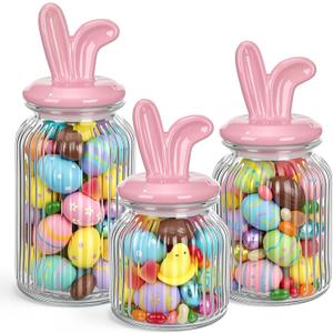 Potchen Easter Glass Jars with Airtight Lids Set of 3, 22oz, 34oz & 44oz Large Cookie Jar Set, Clear Candy Storage Canisters for Easter Party Gift Table & Countertop Decoration