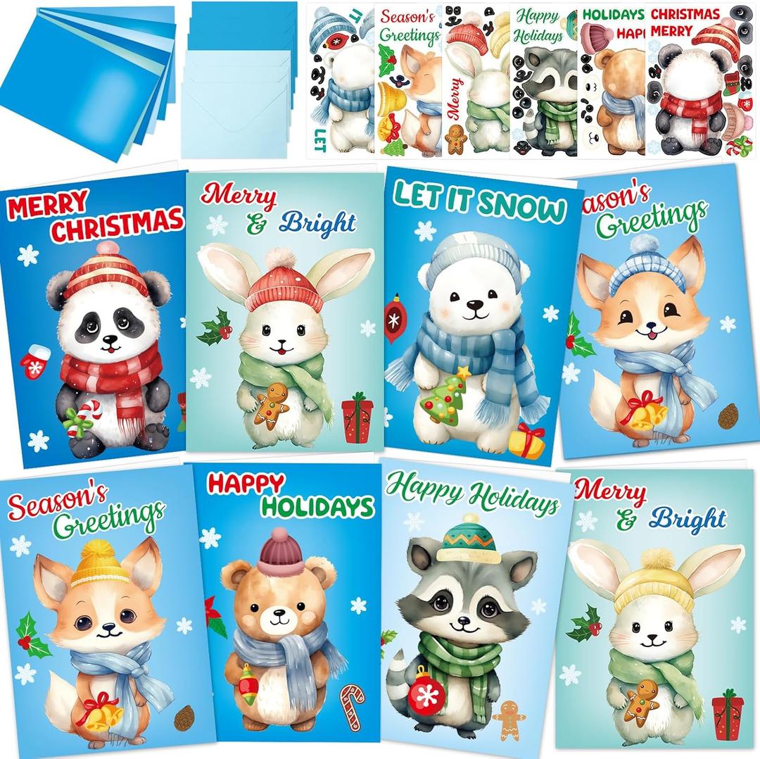 3 x Treasure Cove Winter Card Making Kit Kids Christmas Cards Bulk Winter Animal DIY Handmade Greeting Card for Holiday Xmas Home Classroom Activities Party Favor 12Pcs