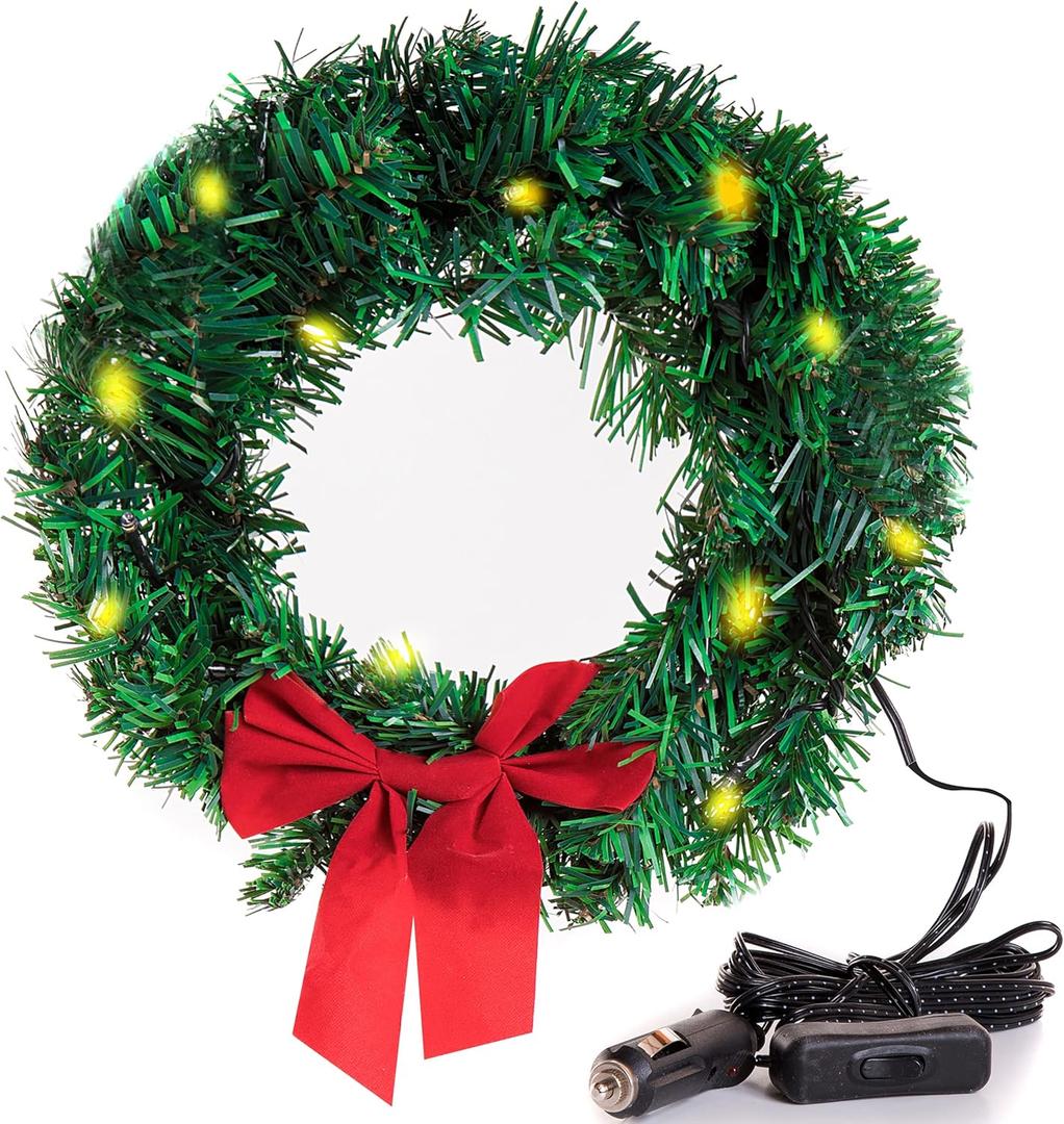 Christmas Car Wreath Decoration with Led Lights Premium Quality Holiday Season Accessory for Front Grille 12-Volt Plug-in Lighting Fits for Vehicle & Home