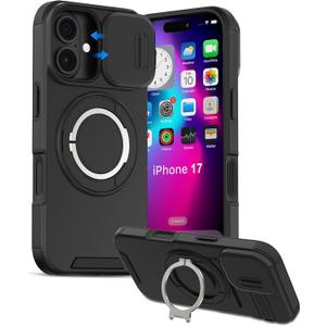 iPhone 17 Case with Camera Cover & Ring Holder, 6.3" Rugged Shockproof Military-Grade Case for 17, Slim Rugged Protection with Sliding Camera Lens Cover & Stand Grip for Apple iPhone 17-Black