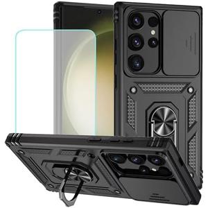 Vokuha Case for Samsung Galaxy S24 Ultra Case with Tempered Glass Screen Protector and Slide Camera Cover, 360° Rotate Ring Stand Magnetic Cover for Samsung Galaxy S24 Ultra Black