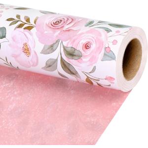 BIOBROWN Reversible Floral Wrapping Paper Roll - 17 Inches X 33 Feet (47 sq. ft. ttl.) Pink Watercolor Roses Design Flower Gift Wrap for Wedding, Bridal Shower, Mother's Day