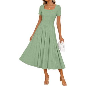 ZESICA Women Pleated Midi Sweater Dress 2026 Spring Summer Business Casual Short Sleeve A-Line Elegant Wedding Guest Dresses, Medium