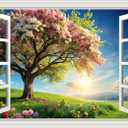 Fake Window Wall Mural Spring Green Flowers Tree Art Poster Faux Window Wall Sticker for Office Home Room Decor, Peel and Stick Wall Decals 24" x 16"