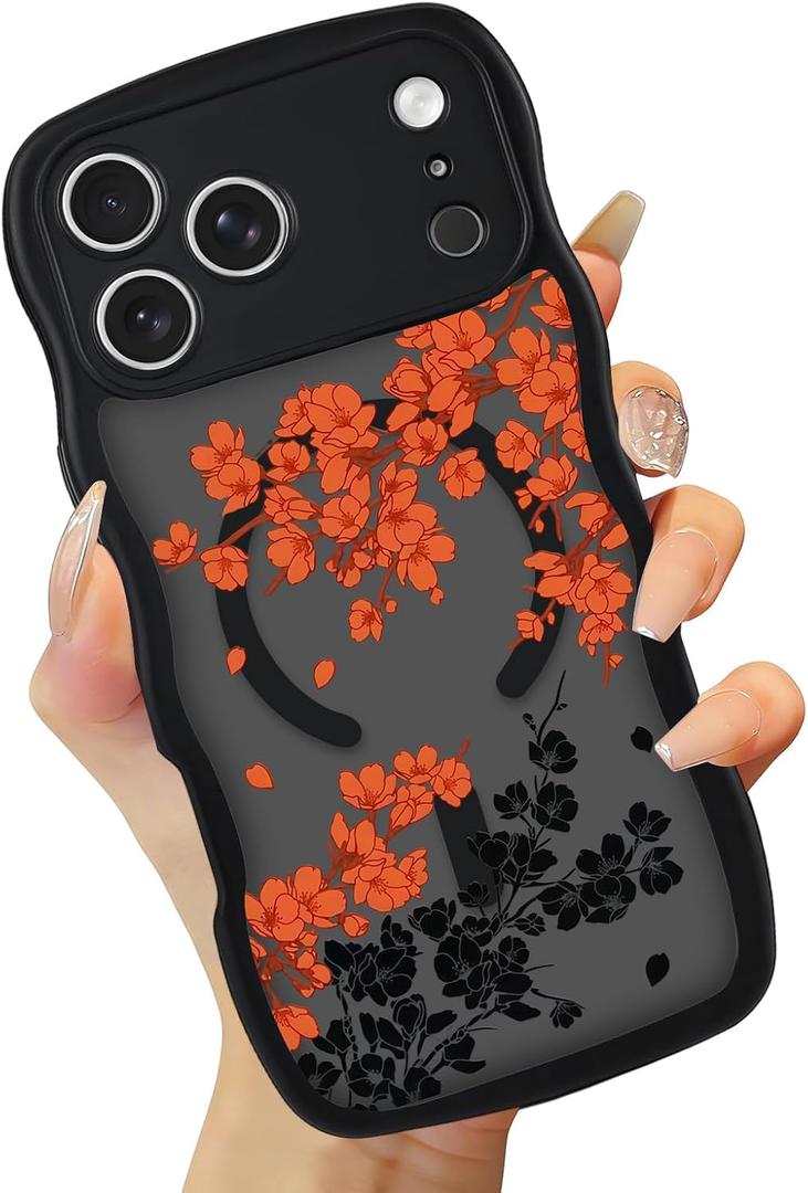 Magnetic Case for iPhone 17 Pro Max [Compatible with Magsafe], Translucent Cute Floral Curly Wave Edge Full Camera Protection Shockproof Cover for Women Girls,Orange/Floral