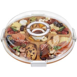 Round Charcuterie Board with Clear Lid, Travel Picnic Portable Cheese Board Charcuterie Boxes, Meat Fruit Serving Tray Platter, House Warming Gifts New Home, Gifts for Women, White, 5 Compartments