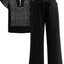 ANRABESS Womens 2 Piece Outfits Crochet Knit Half Zip Sweater Top Wide Leg Pants Summer Lounge Matching Sets Travel Clothes
 XL