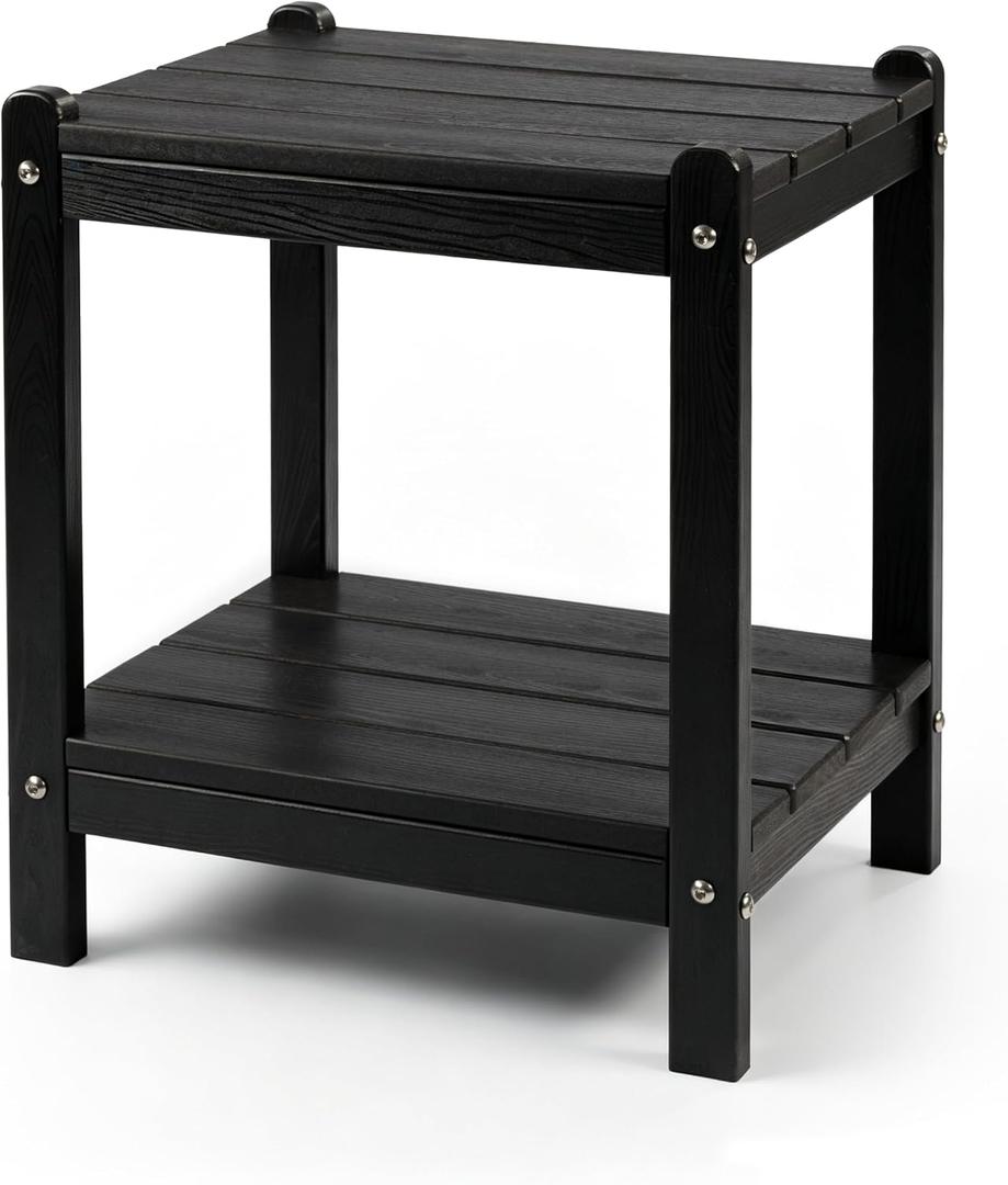 Heavy Duty Outdoor Side Table with Shelf - All-Weather HDPE End Table with Realistic Wood Grain, 20" Height for Patio & Deck (Black), Square-21in