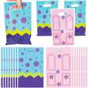 GaofanWai 50PCS Monster Party Favor Bags for Kids, Purple Pink Goodies Candy Treat Plastic Bags Bulk with Handles, Monster Party Decorations for Boys and Girls 1st 2nd Birthday Baby Shower Supplies