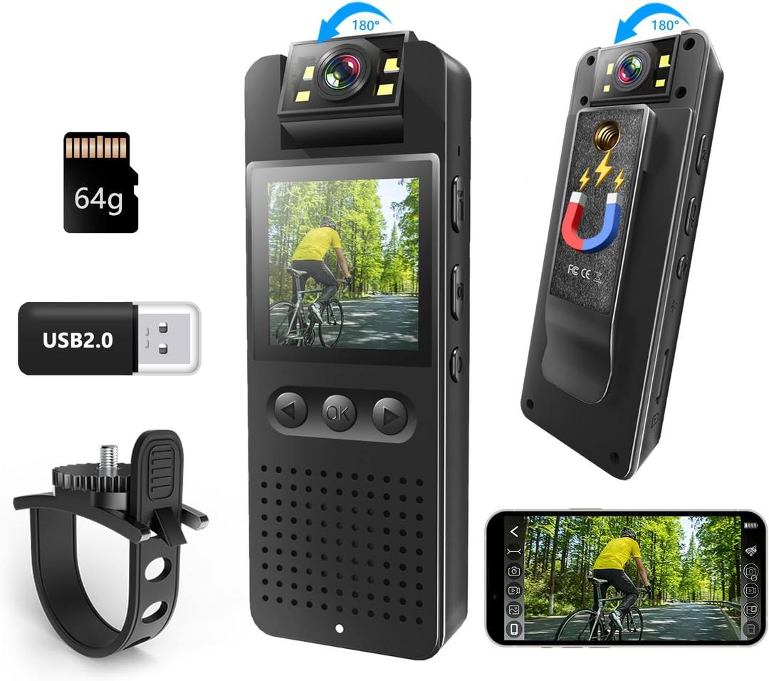 Body Cam, Mini Action Sports Camera Video Camcorder with Magnetic Back Clip& Bike Bracket, Color Night Vision,16MP Photoshoot, 64GB TF Card, POV Body Cameras Helmet Camera for Bike Traveling