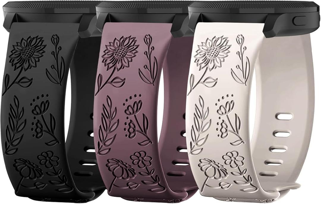 3 Pack 22mm Flower Pattern Bands Compatible with Garmin Venu 4 45mm/Venu 3/Venu 2/Vivoactive 4/Forerunner 745/265/255/255 Music, Soft Silicone Floral Engraved Sport Strap for Women Men